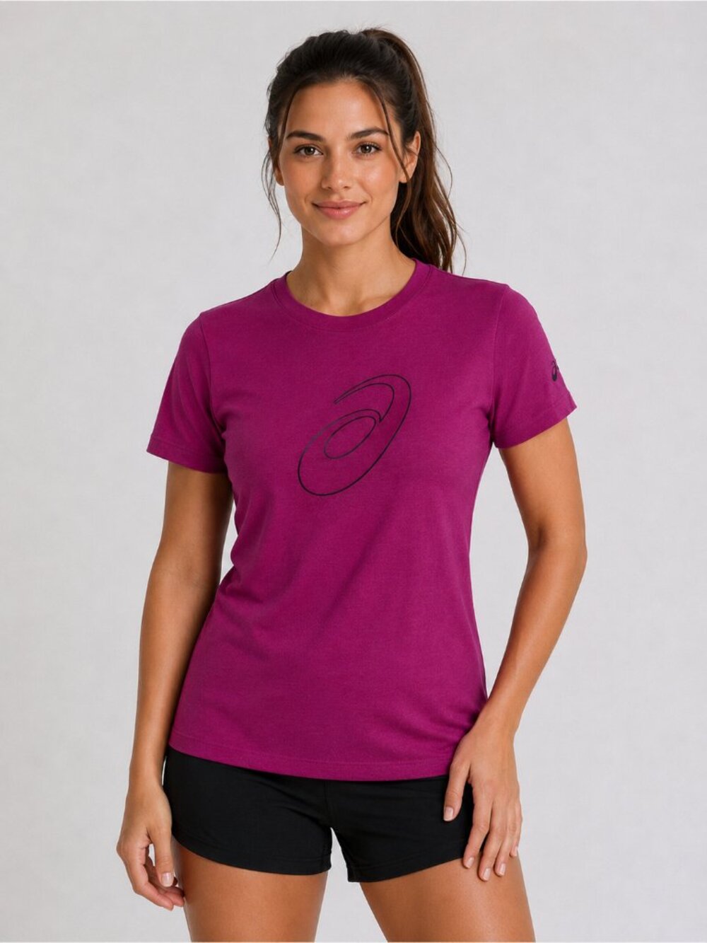 Asics Fuchsia Pink Black Logo Graphic Tee Women's Size Small Cotton Blend